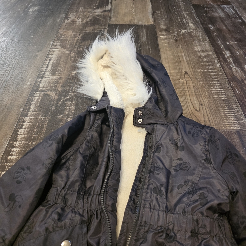 Disney Black Puffer Jacket with Faux Fur Hood - Picture 6 of 10